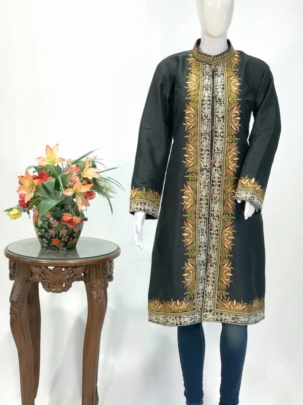 Tilla and Thread Machine Embroidered Art Raw Silk Jacket: Black