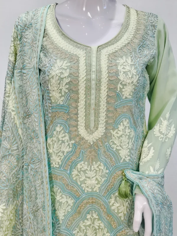 Tea Green Tilla & Aari Fusion Embroidered Kashmiri Suit Front