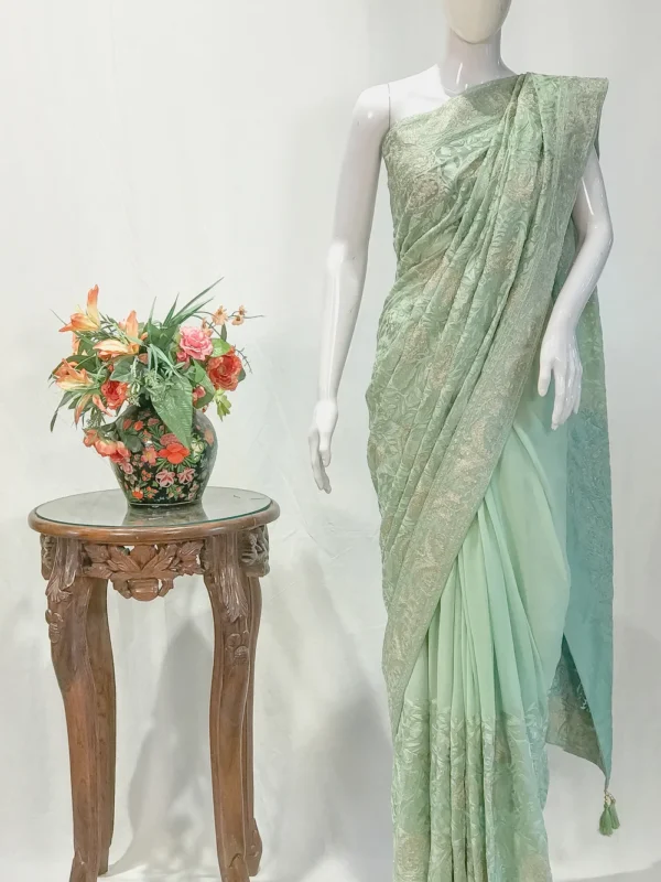 Mint Green Georgette Zari & Aari Fusion Embroidered Kashmiri Saree