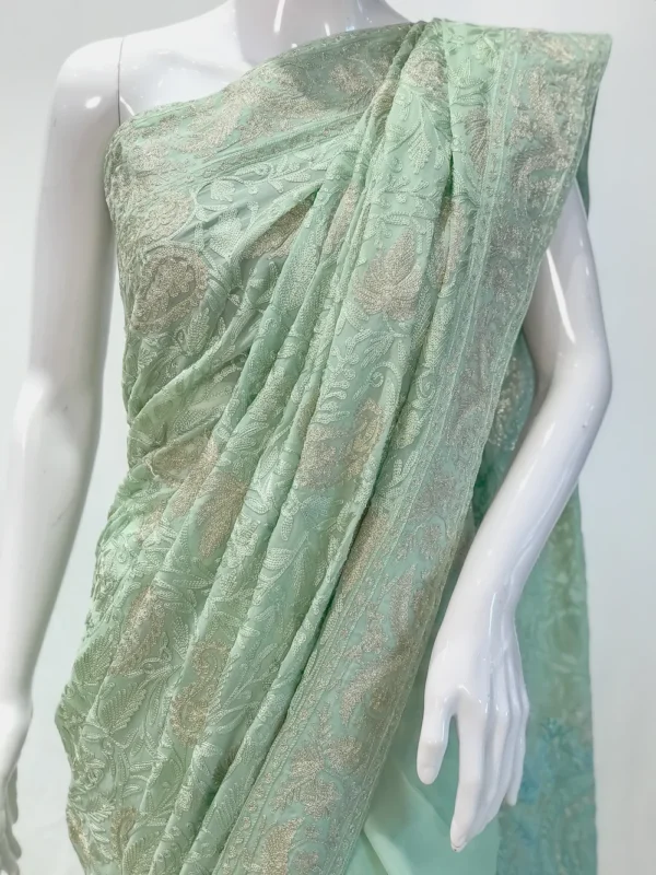 Mint Green Georgette Zari & Aari Fusion Embroidered Kashmiri Saree Front