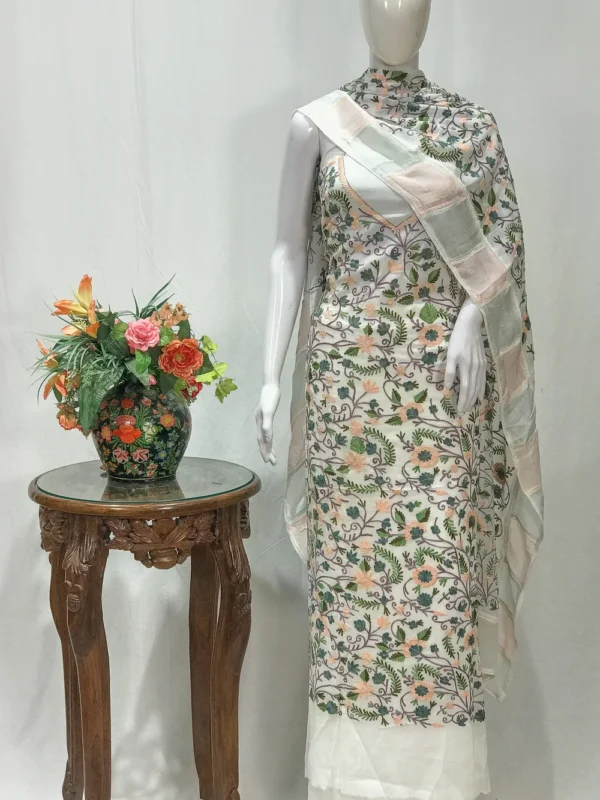 White Aari Embroidered Kashmiri Suit