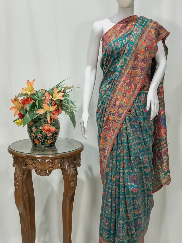 Aqua Blue Modal Silk Kani Saree with Tribal Pallu Design