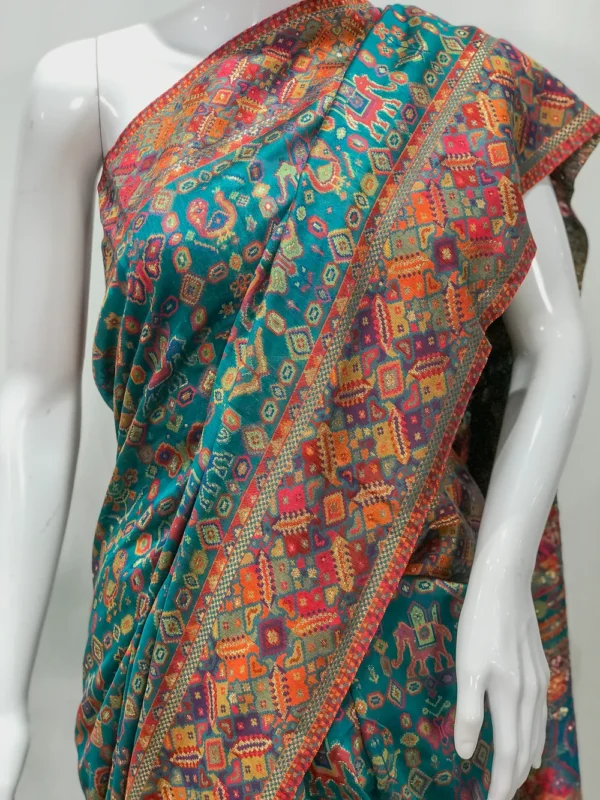 Aqua Blue Modal Silk Kani Saree with Tribal Pallu Design Front