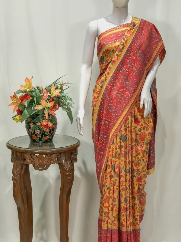 Yellow and Pink Modal Silk Kani Saree with Floral Pallu Design