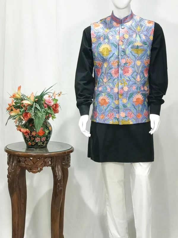 Aqua Blue Nehru Jacket With Kashmiri Aari Embroidery