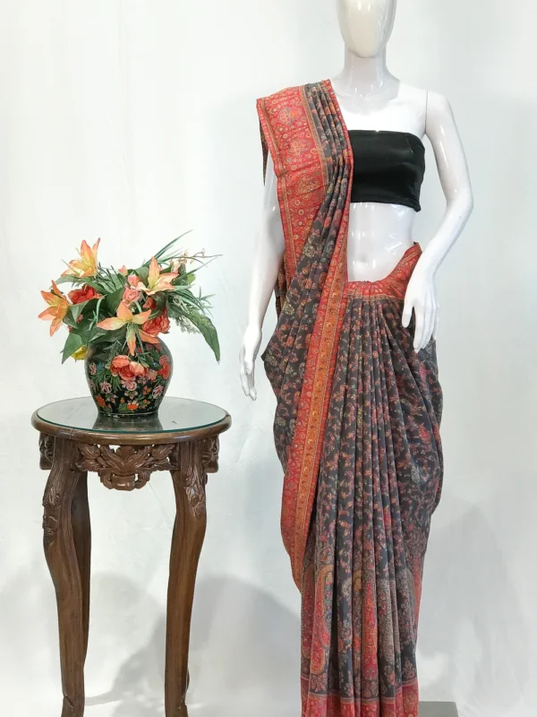 Grey Modal Silk Kani Saree with Floral and Paisley Pallu Design