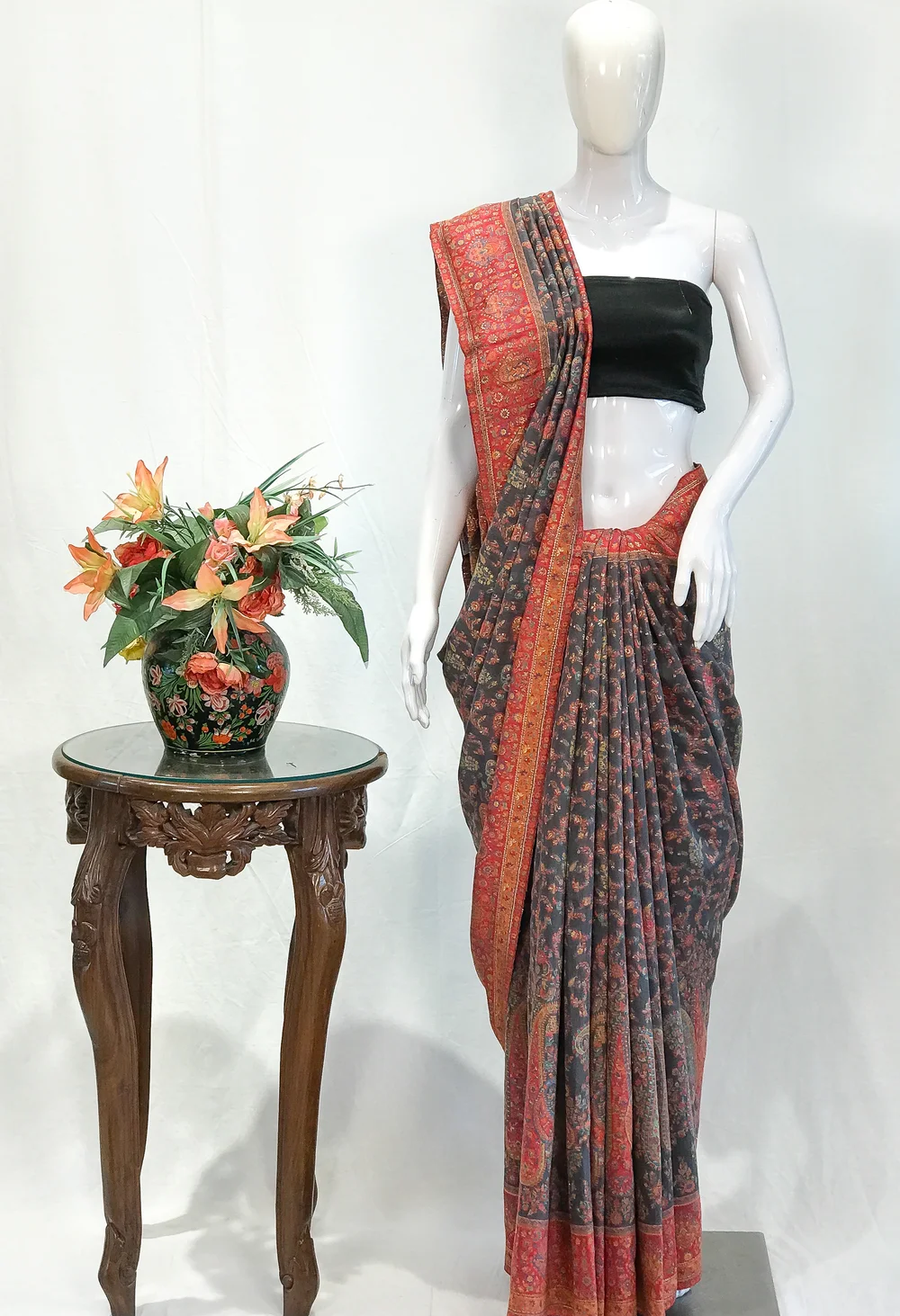 Grey Modal Silk Kani Saree with Floral and Paisley Pallu Design