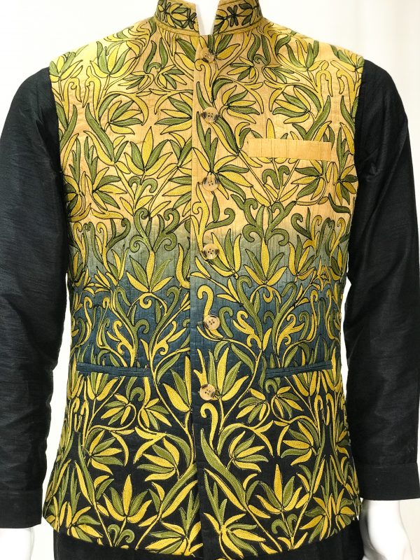 Ombre Art Raw Silk Aari Embroidered Nehru Jacket