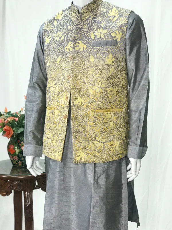 Ombre Art Raw Silk Nehru Jacket with Kashmiri Embroidery