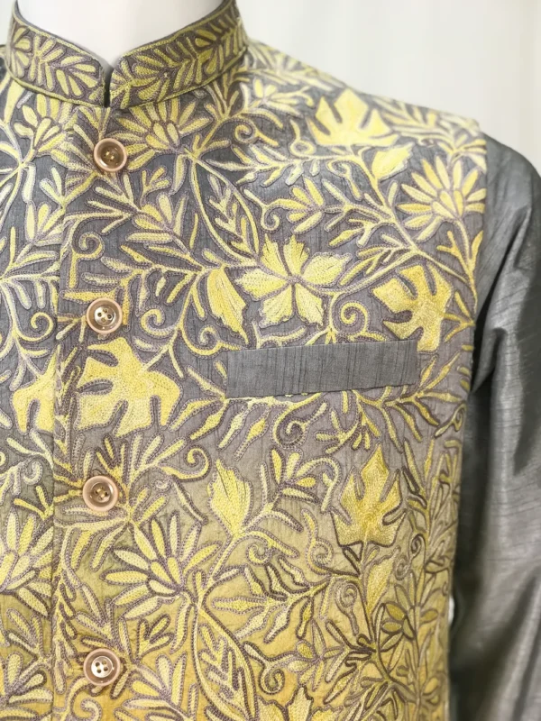 Ombre Art Raw Silk Nehru Jacket with Kashmiri Embroidery