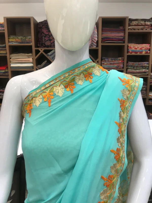 Blue Semi-Crepe Tilla and Aari Embroidered Kashmiri Saree front
