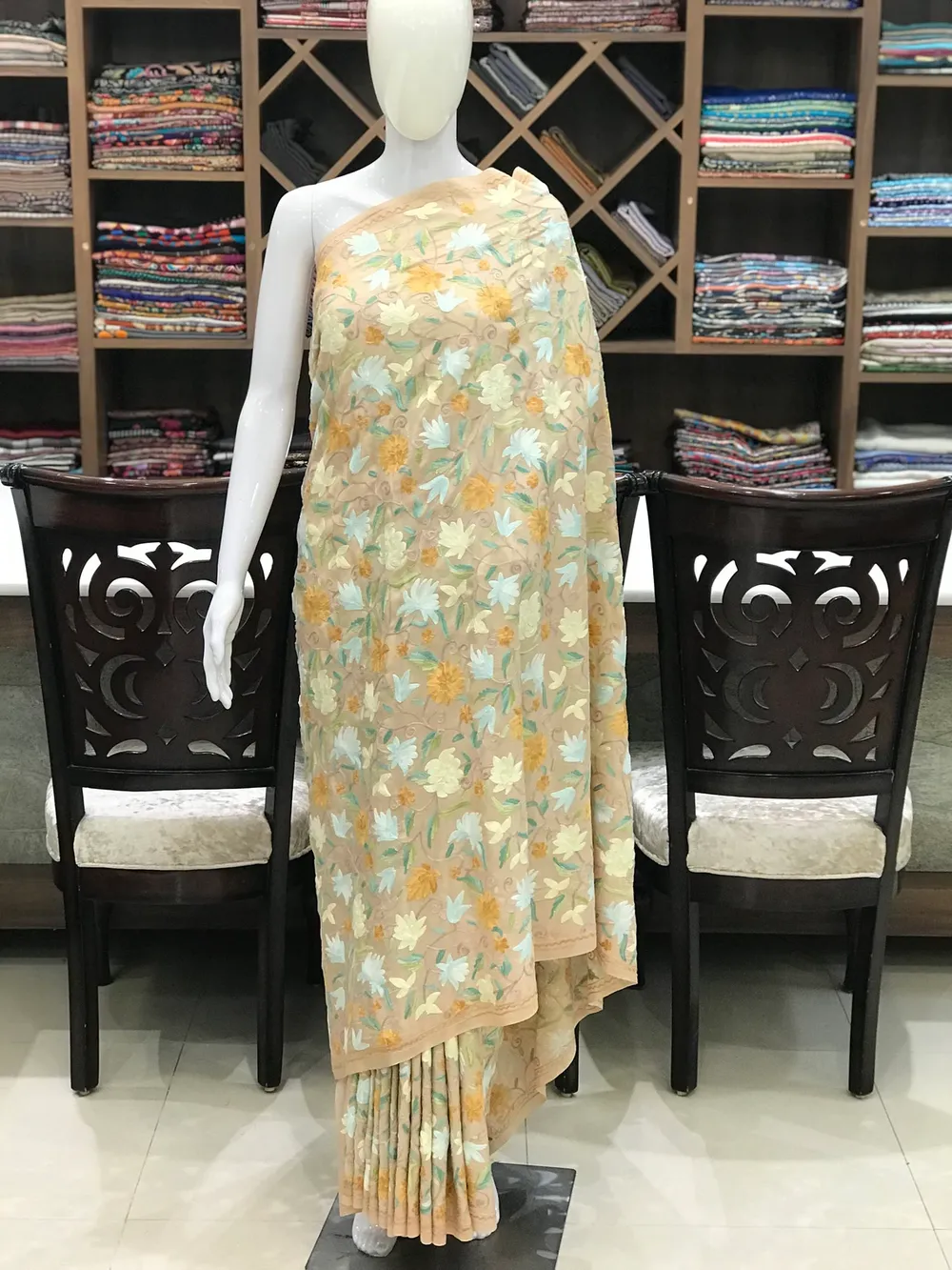 Pure Silk Pastel Jaal Aari Embroidered Kashmiri Saree