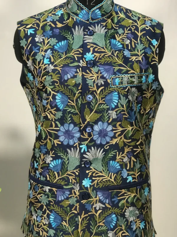Kashmiri Aari Embroidered Navy Blue Nehru Jacket