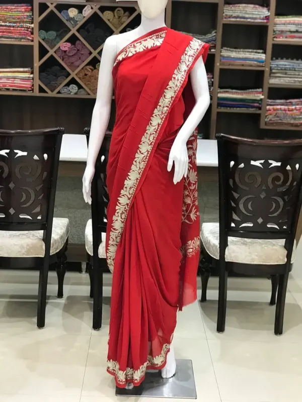 Red Viscose Georgette Zari Embroidered Kashmiri Saree