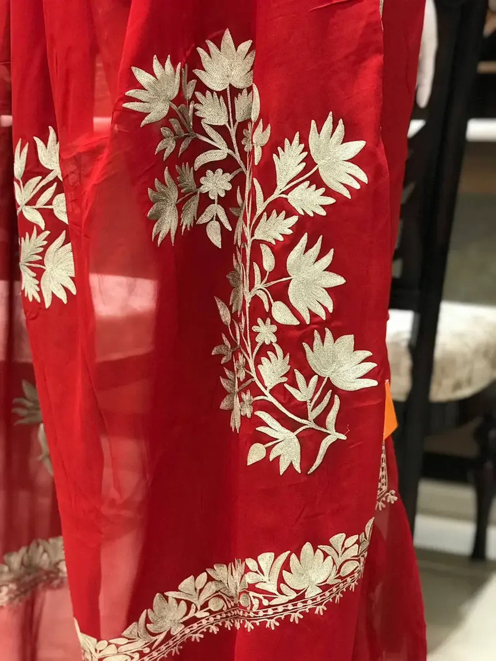 Red Viscose Georgette Zari Embroidered Kashmiri Saree
