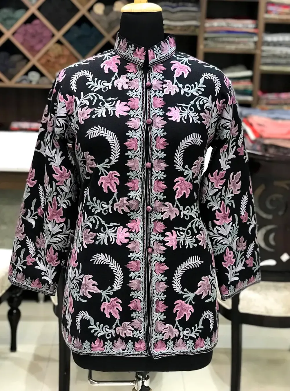 Black Woollen Jacket with Kashmir Aari Embroidery