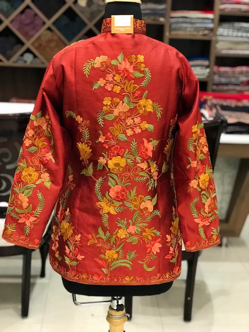 Art Raw Silk Jacket Red with Multi-Color Aari Embroidery