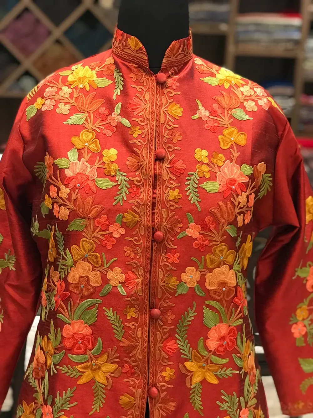 Art Raw Silk Jacket Red with Multi-Color Aari Embroidery
