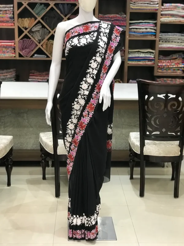 Semi-Georgette Aari Embroidered Black Kashmiri Saree