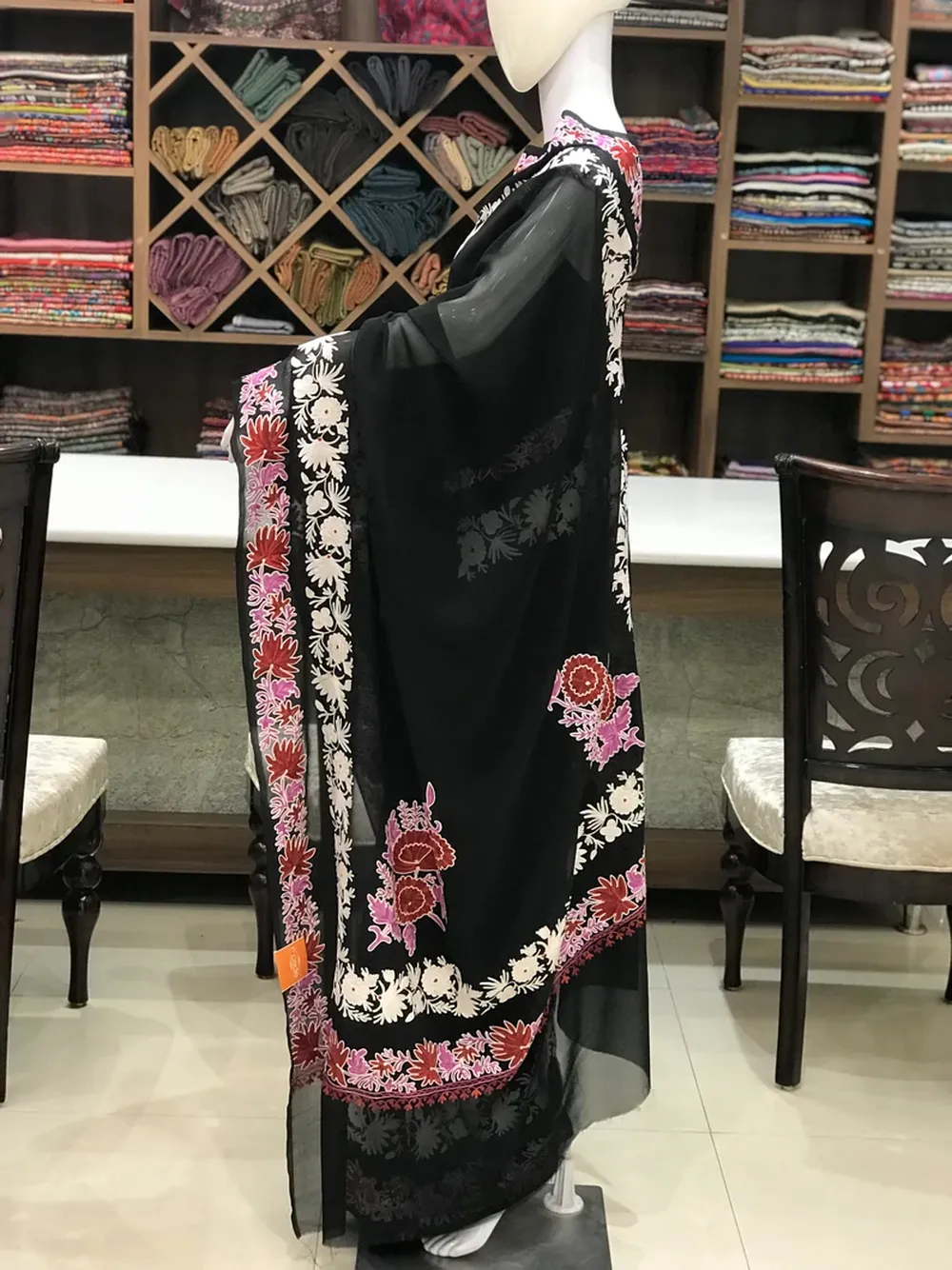 Semi-Georgette Aari Embroidered Black Kashmiri Saree
