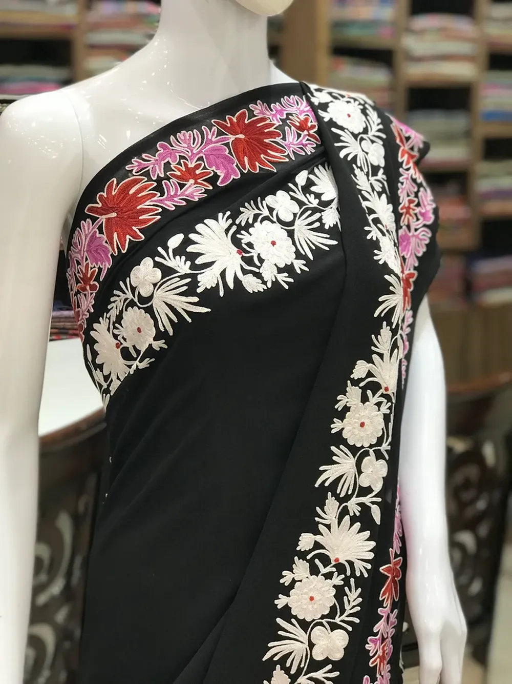 Semi-Georgette Aari Embroidered Black Kashmiri Saree