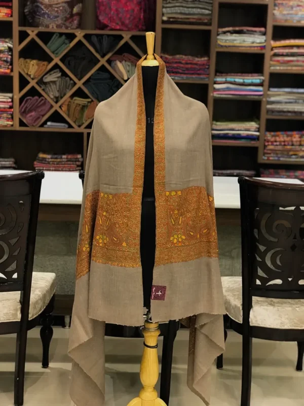 Paisley Embroidered Intricate Sozni Natural Beige Pure Pashmina Shawl