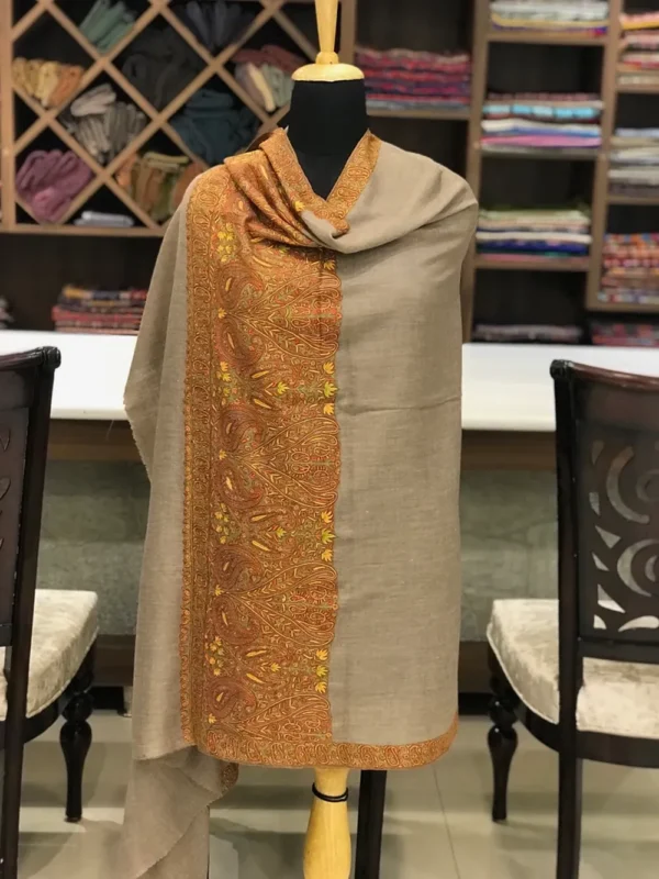Paisley Embroidered Intricate Sozni Natural Beige Pure Pashmina Shawl