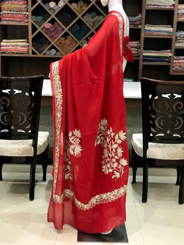 Red Viscose Georgette Zari Embroidered Kashmiri Saree