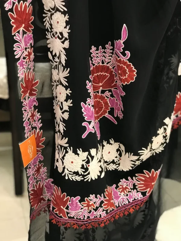 Semi-Georgette Aari Embroidered Black Kashmiri Saree