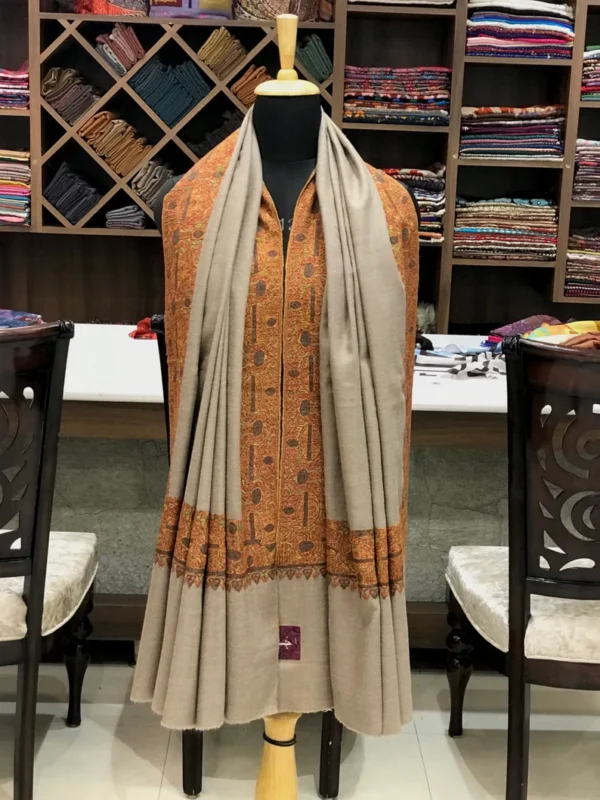 Natural Biege Pure Pashmina Shawl With Sozni hand Embroidery