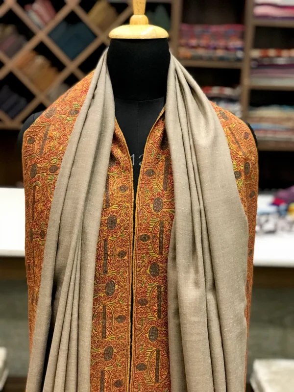 Natural Biege Pure Pashmina Shawl With Sozni hand Embroidery
