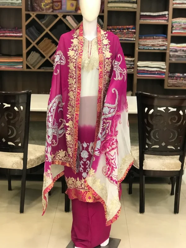 Grey (Pink Double Shaded) Zari & Aari Fusion Kashmiri Woman Suit