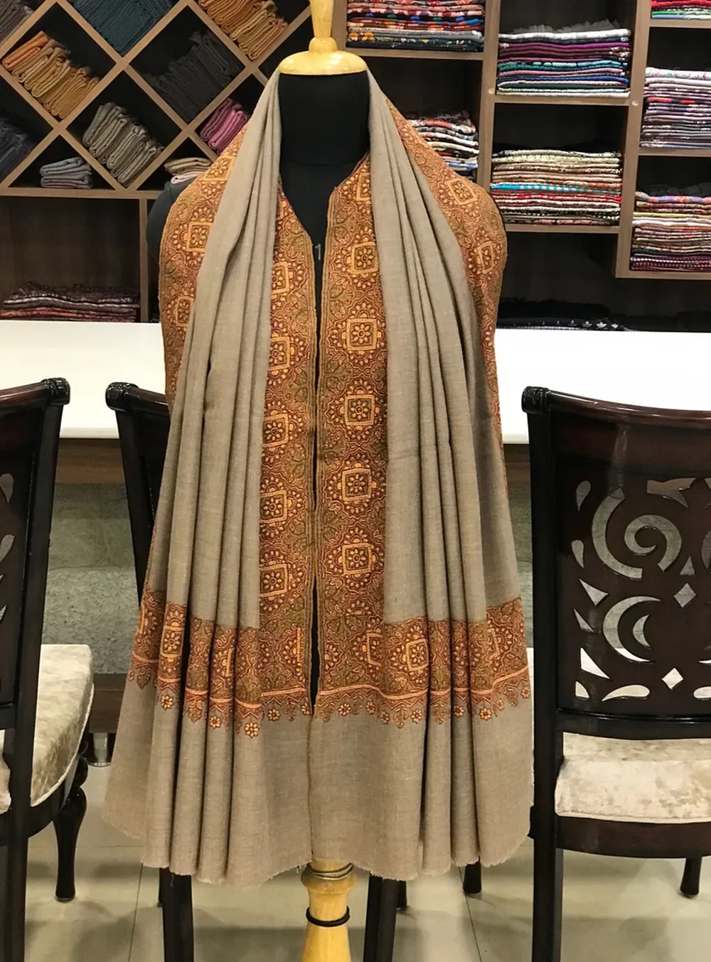 Pure Pashmina Shawl Natural Beige With Sozni hand Embroidery