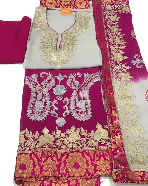 Grey (Pink Double Shaded) Zari & Aari Fusion Kashmiri Woman Suit