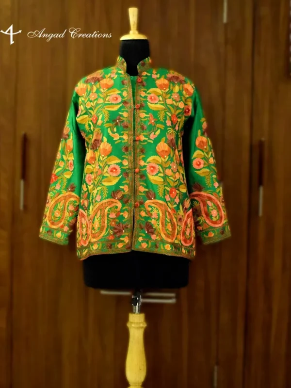 Green Art Raw Silk Jacket with Multi-Color Aari Embroidery