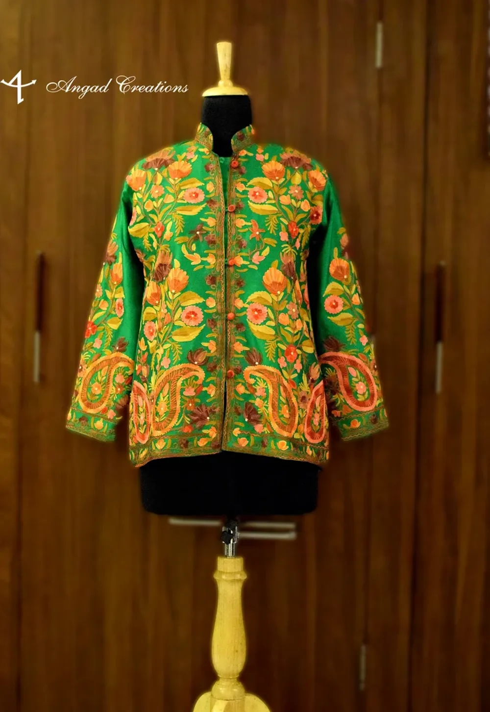 Green Art Raw Silk Jacket with Multi-Color Aari Embroidery