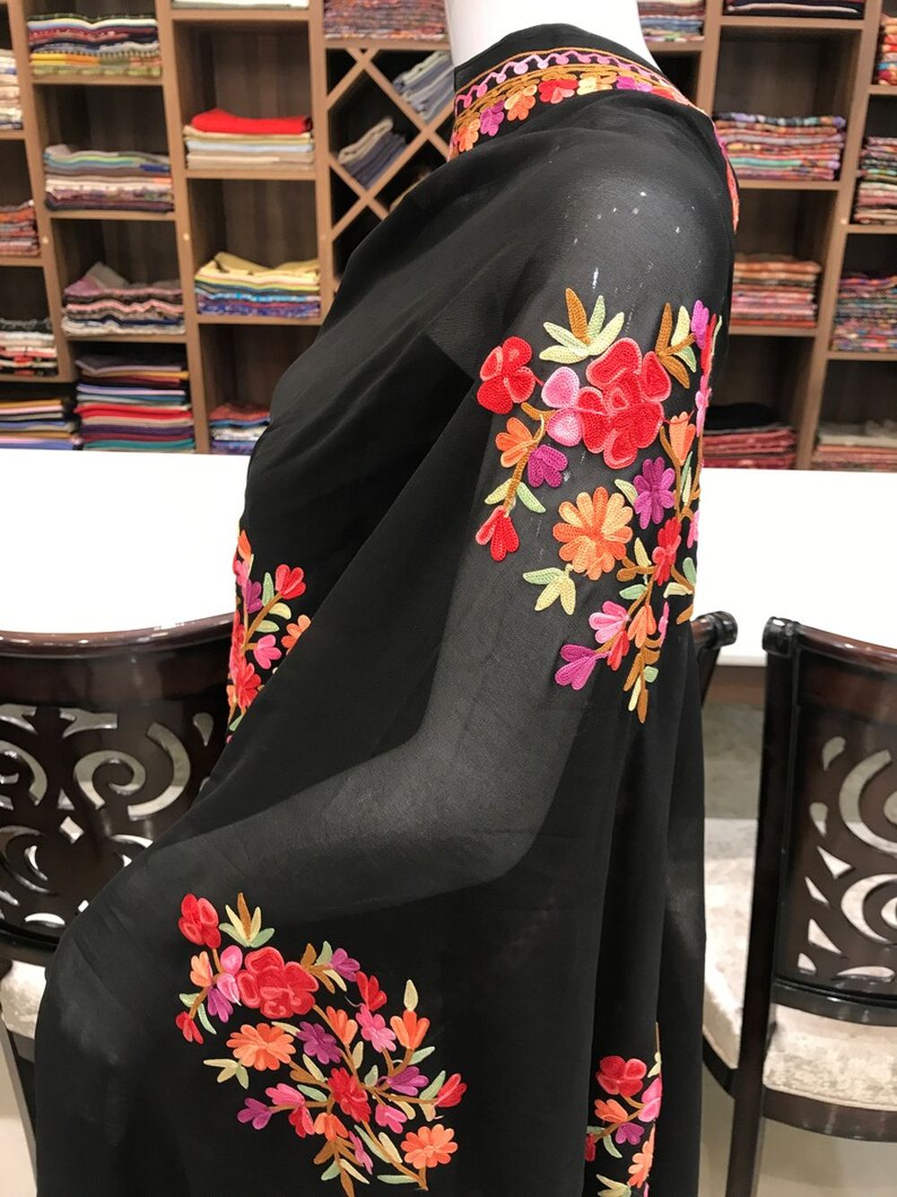 Viscose Georgette Aari Embroidered Black Kashmiri Saree