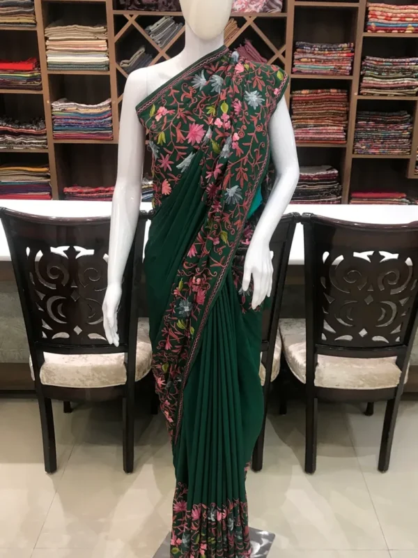 Green Semi-Crepe Aari Embroidered Kashmiri Saree