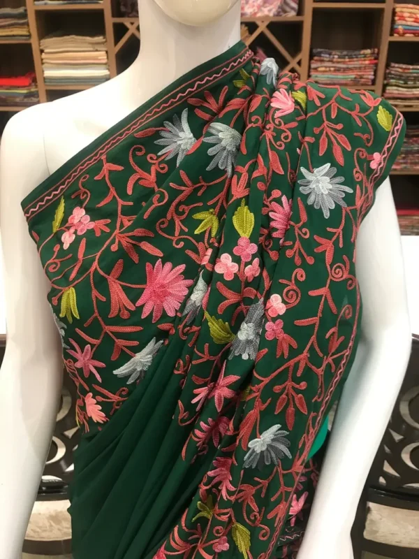 Green Semi-Crepe Aari Embroidered Kashmiri Saree