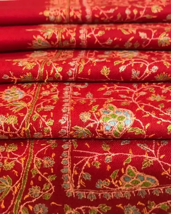 Sozni Hand Embroidered Red Pure Pashmina Shawl