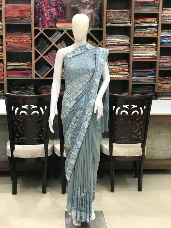 Viscose Georgette Aari Embroidered Grey Kashmiri Saree