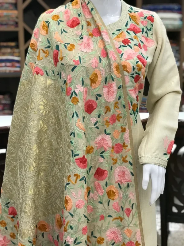 Banarasi & Aari Kashmiri Embroidered Suit : Beige