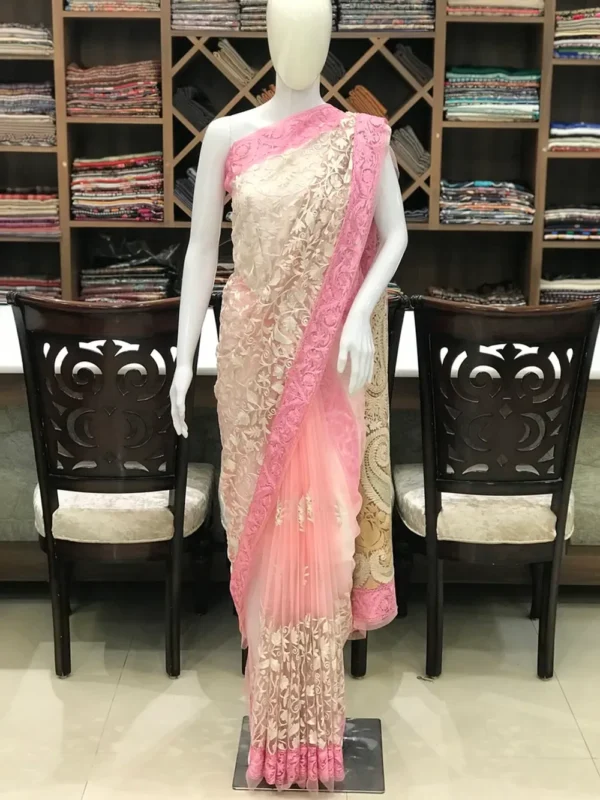 Pink Net Saree with All-Over Kashmiri Aari Embroidery