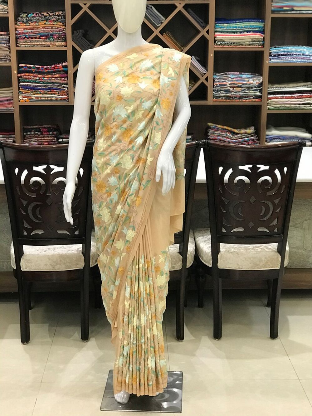 Pure Silk Pastel Jaal Aari Embroidered Kashmiri Saree