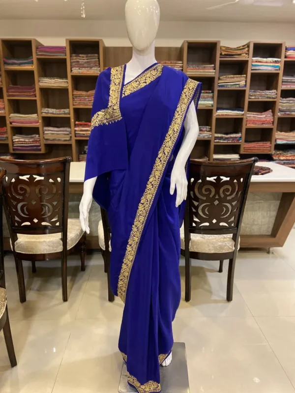 Royal Blue Pure Crepe Zari Embroidered Kashmiri Saree