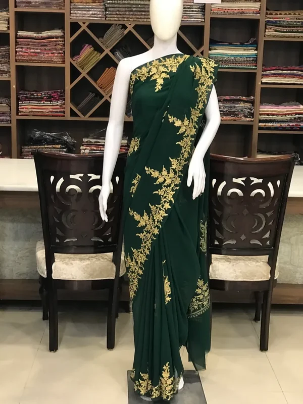 Semi-Georgette Tilla Embroidered Bottle Green Kashmiri Saree