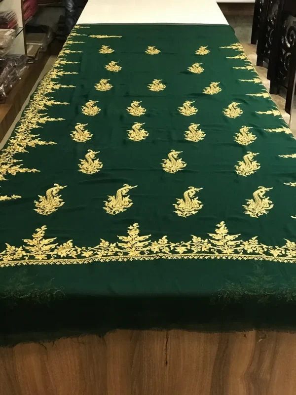 Semi-Georgette Tilla Embroidered Bottle Green Kashmiri Saree