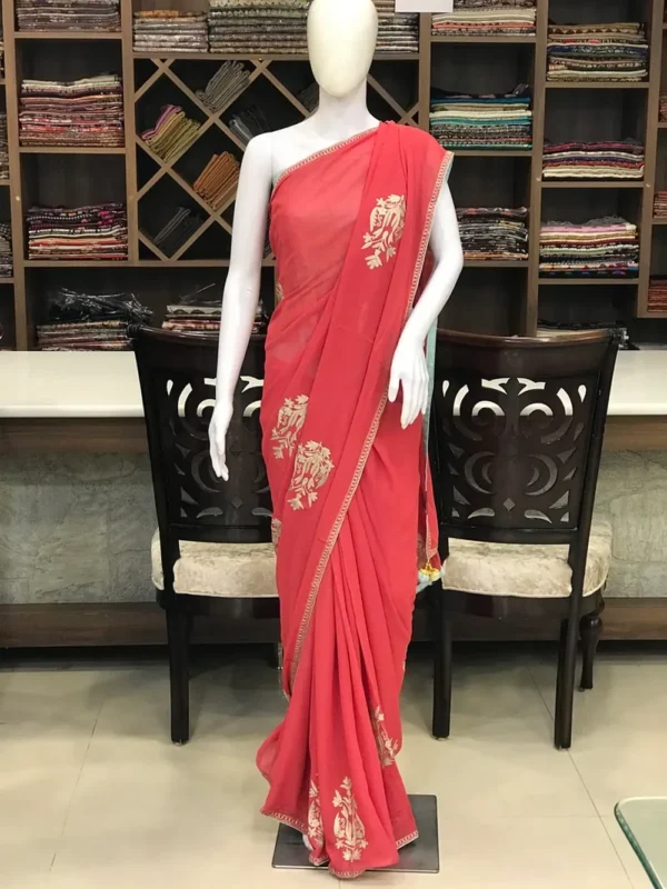 Pink Viscose Georgette Saree with Aari and Tilla Work