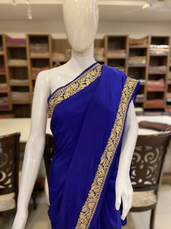 Royal Blue Pure Crepe Zari Embroidered Kashmiri Saree
