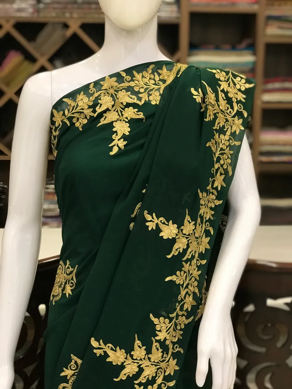 Semi-Georgette Tilla Embroidered Bottle Green Kashmiri Saree